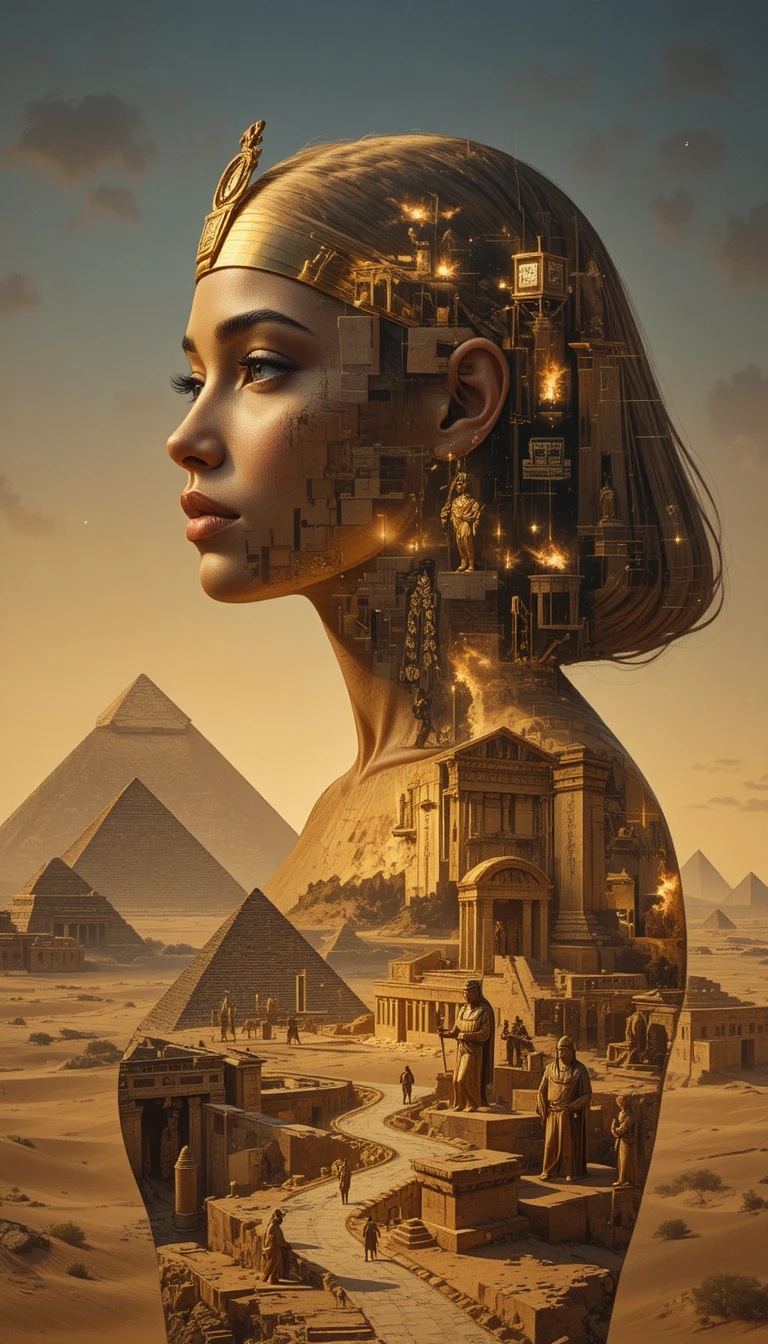 Egyptian priestess portrait in mystical double exposure scene