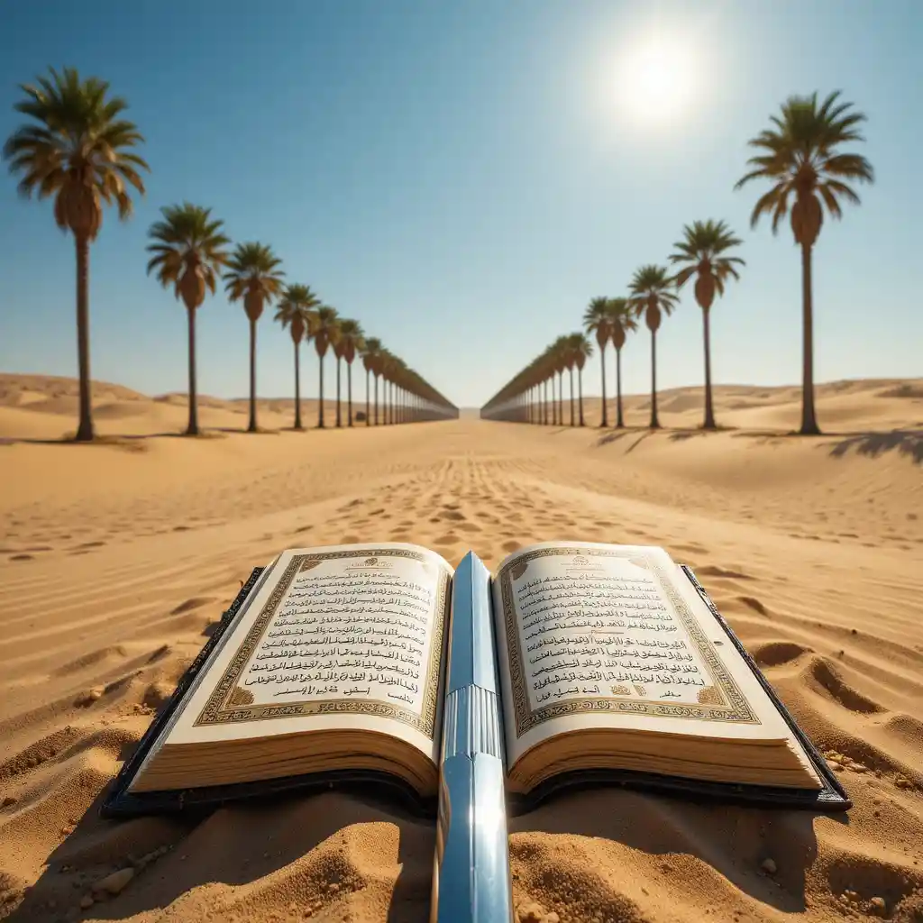 Open Quran On Desert Sand Under Bright Midday Sun