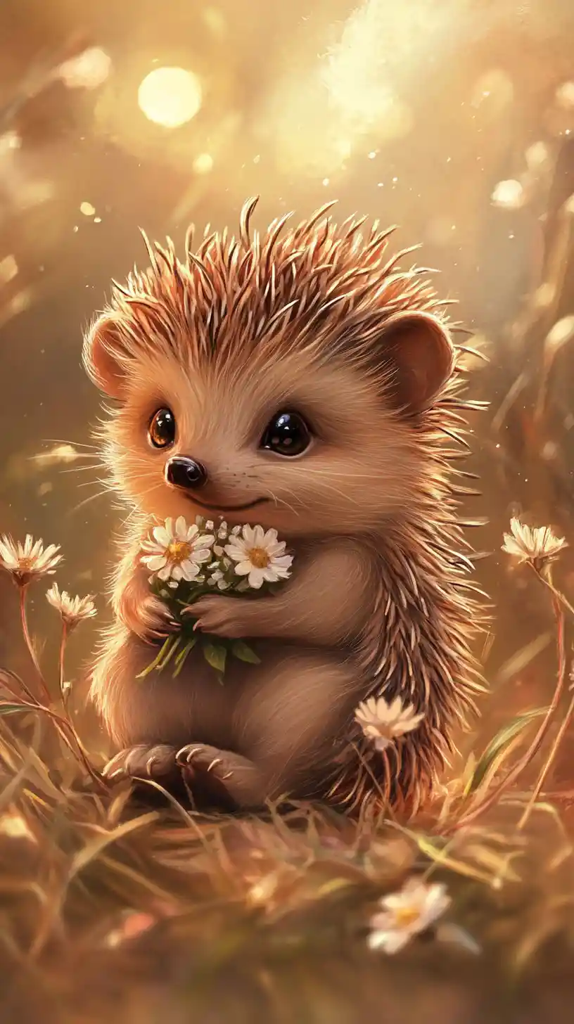 Cute baby hedgehog holding flowers in warm sunlight illustration