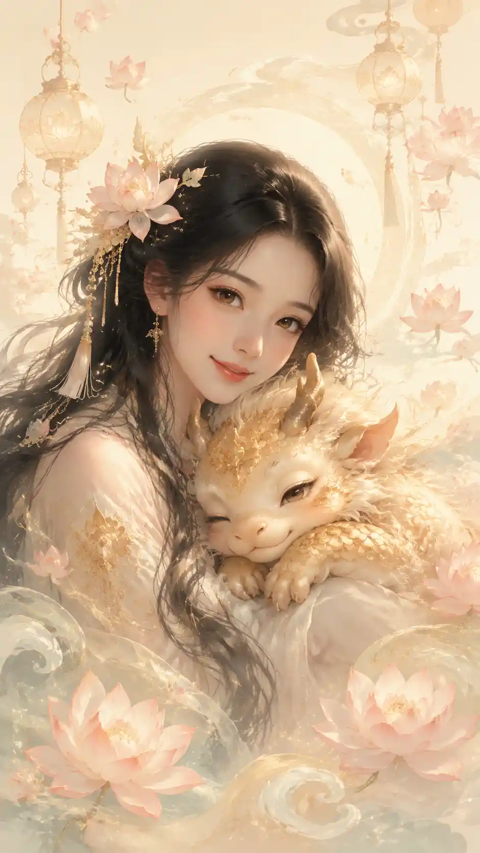 Donna gentile con cucciolo di qilin in una delicata illustrazione per nursery