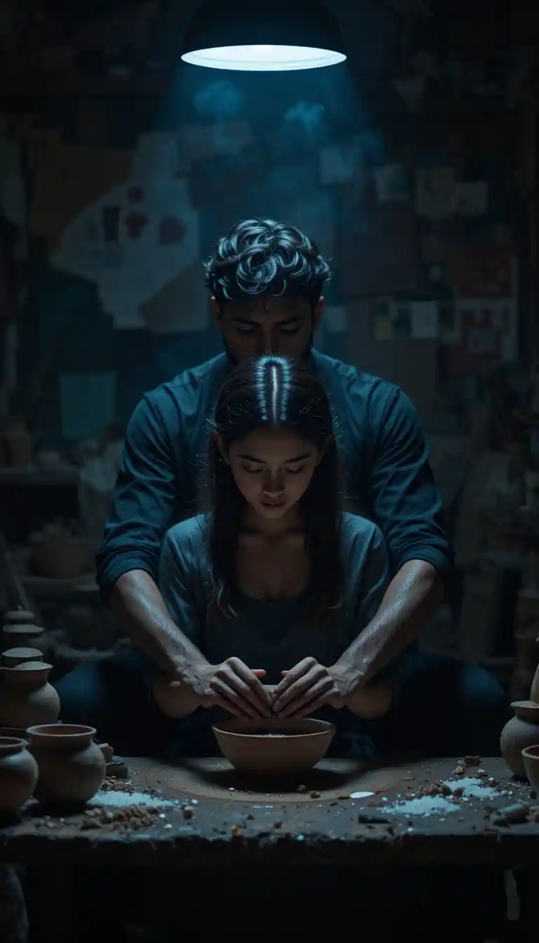 Man guiding woman at pottery wheel in intimate studio