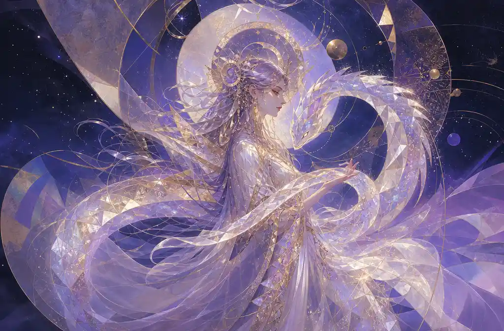 Abstract astral serpent with luminous veil weaver figure
