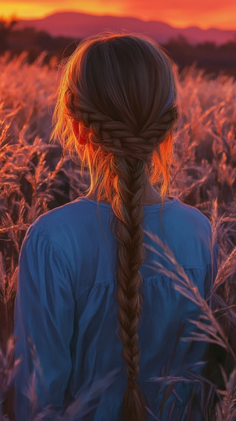 Girl with braided hair watching a fiery sunset sky