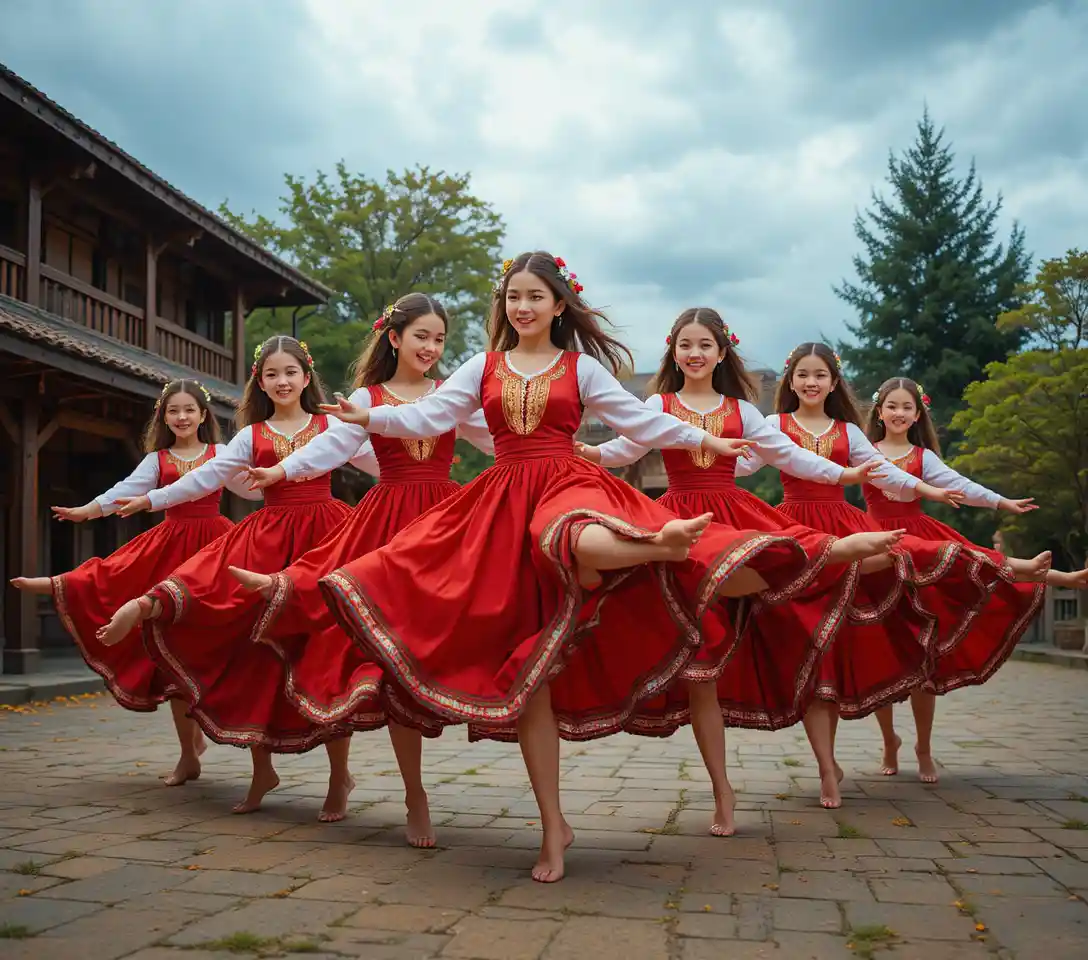 Group of girls in red folk dance costumes performing outdoors