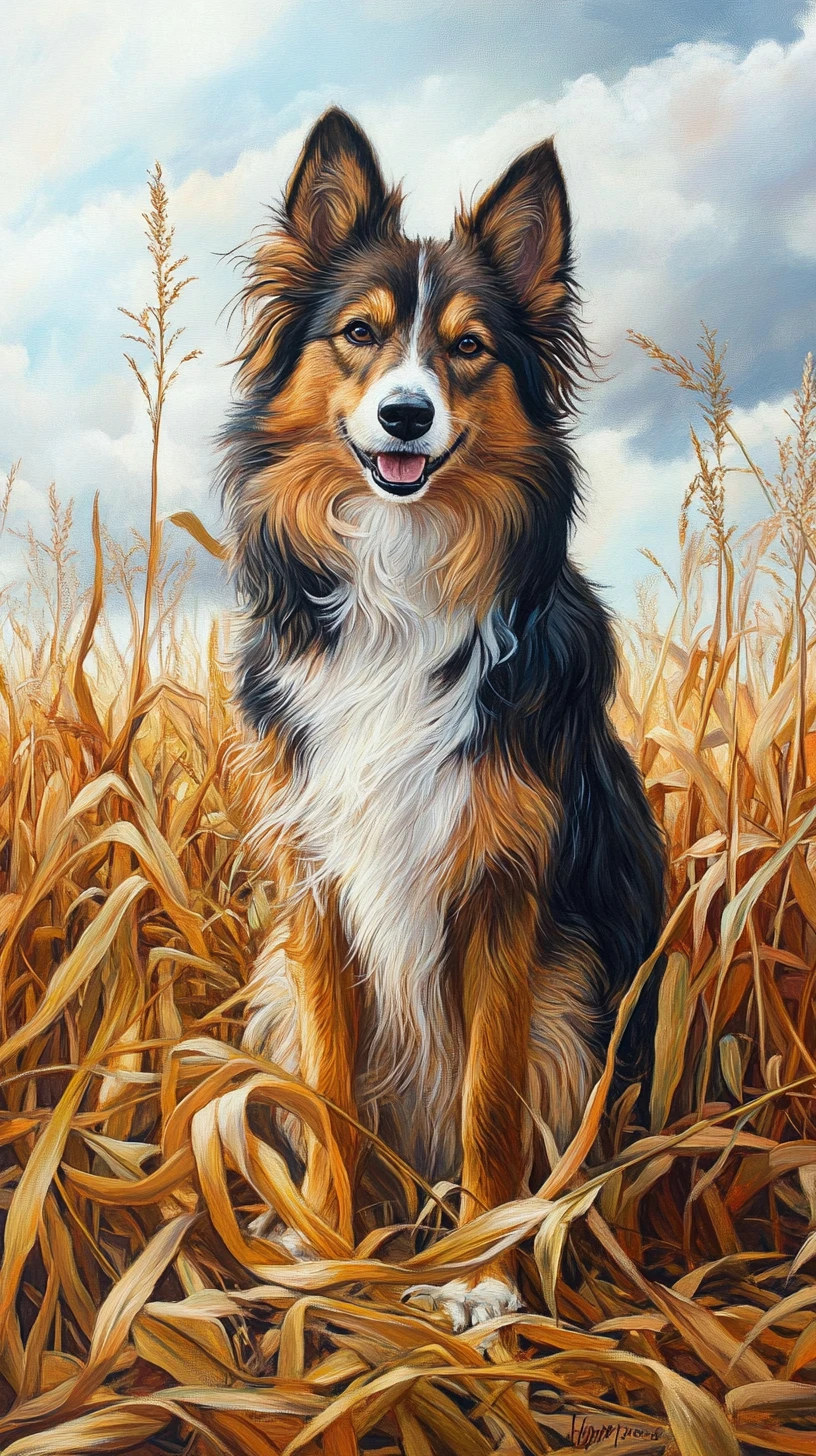Collie dog sitting in a corn field cartoon illustration