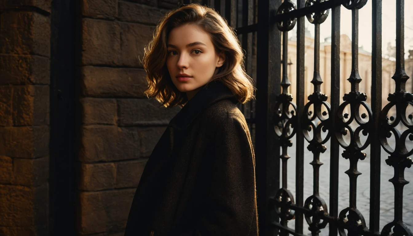 Young woman in coat by iron gate in dramatic light