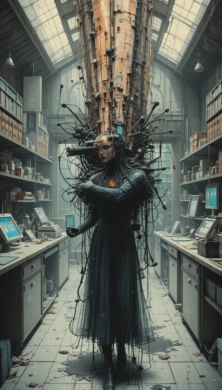 Surreal abstract laboratory with chaotic glitch aesthetics