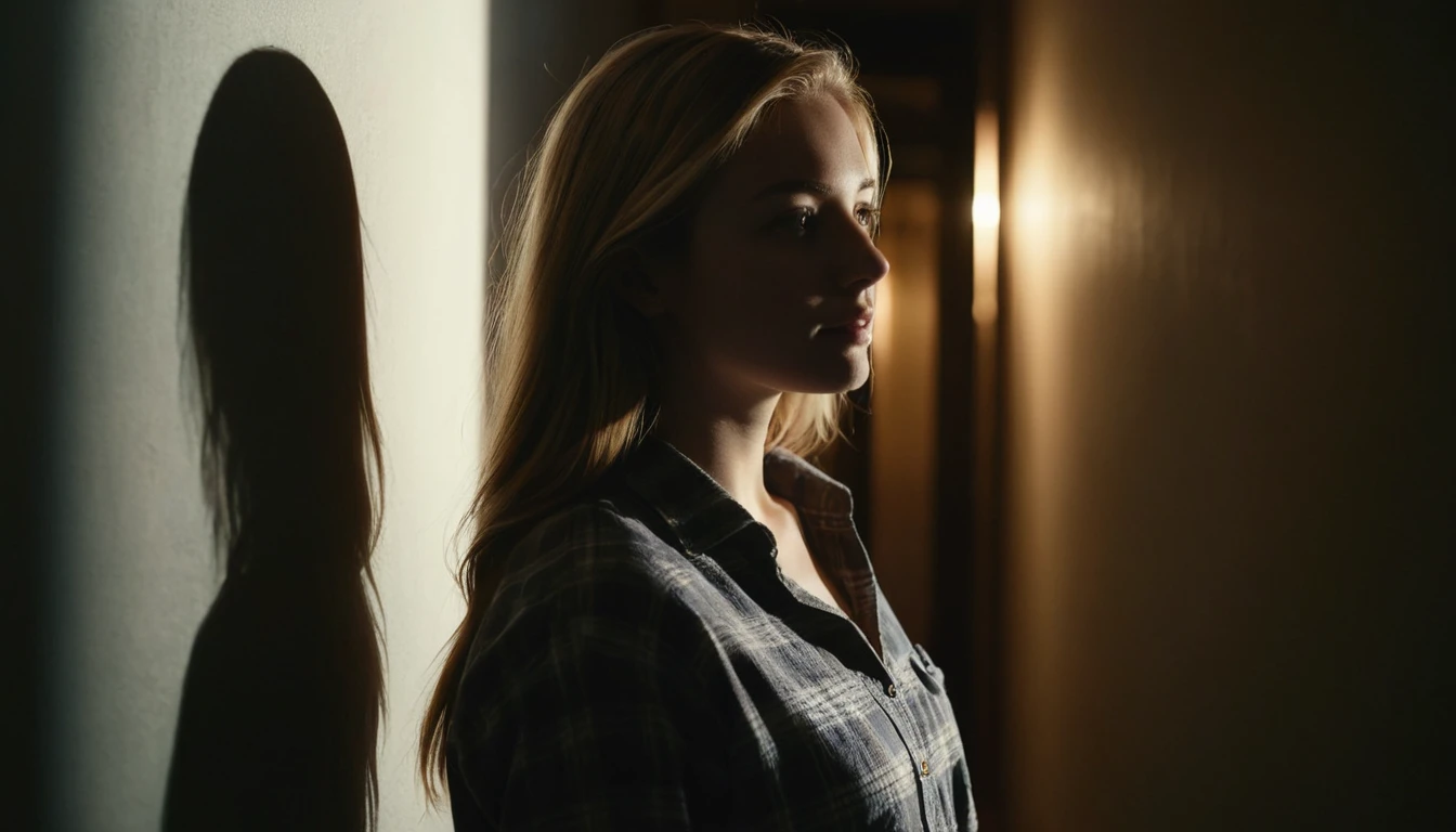 Young woman in hallway bathed in soft cinematic light
