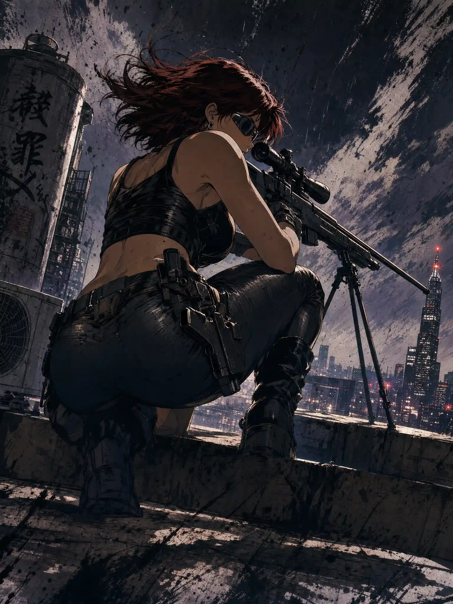 Anime sniper woman aiming from a dark city rooftop