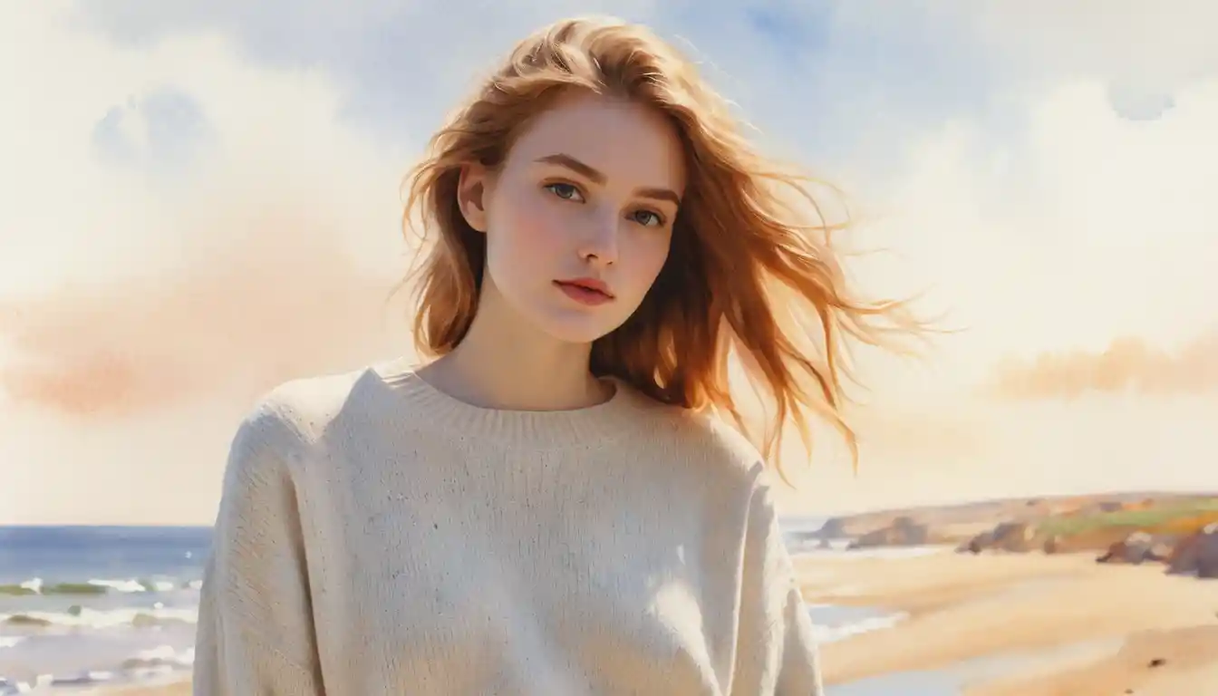 Young woman in cream sweater in wistful watercolor portrait