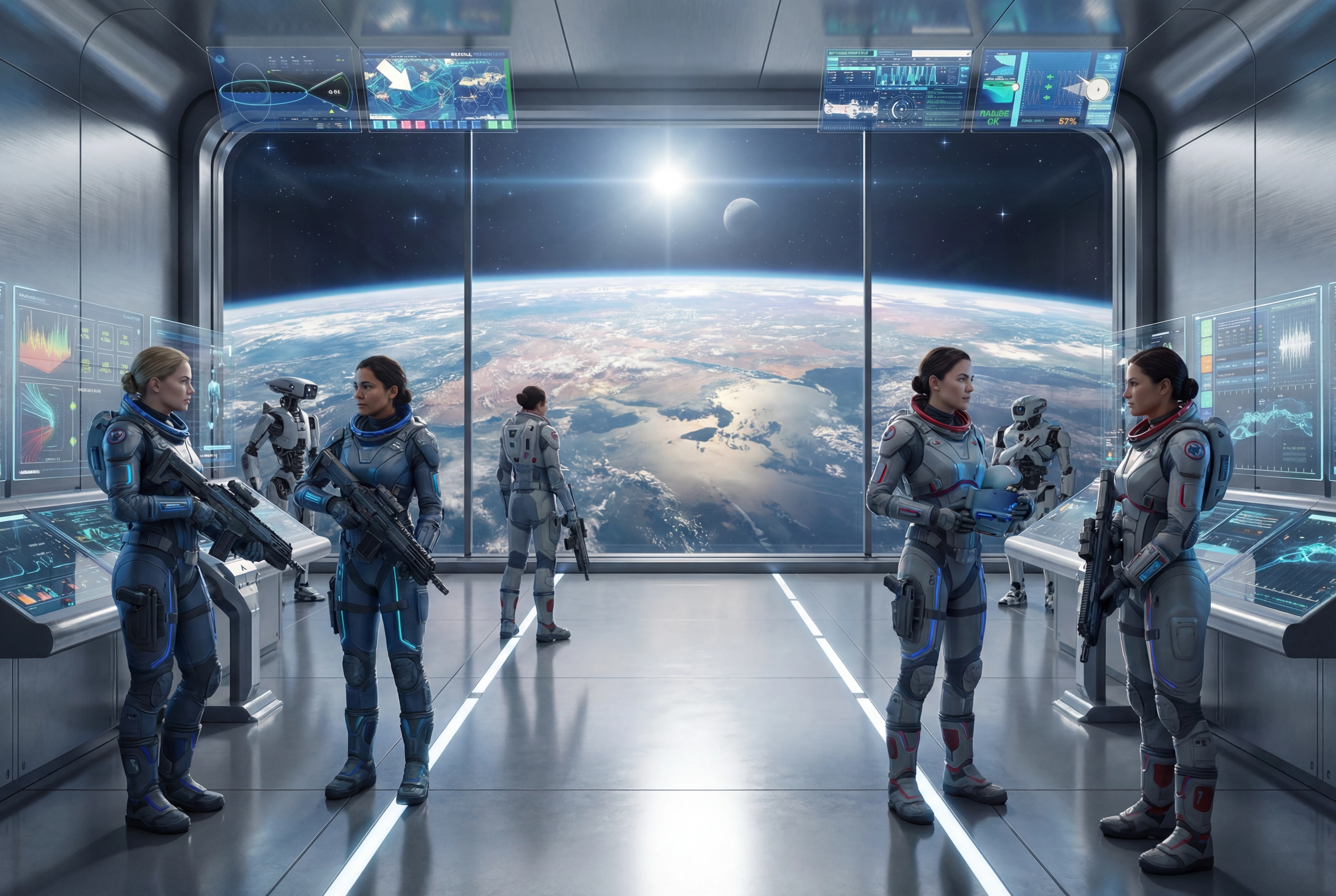 Soldati futuristici su una luminosa plancia di osservazione spaziale