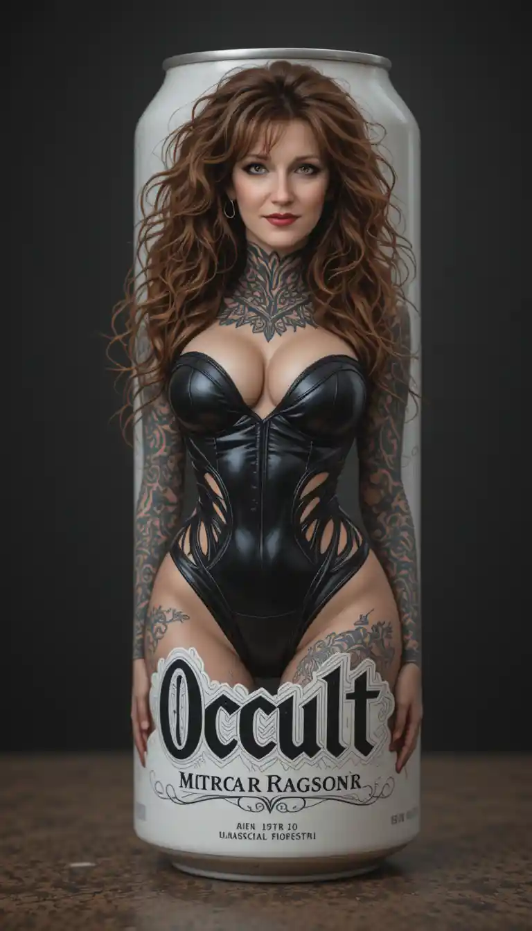 Tattooed woman mascot in leather bodysuit on beer can