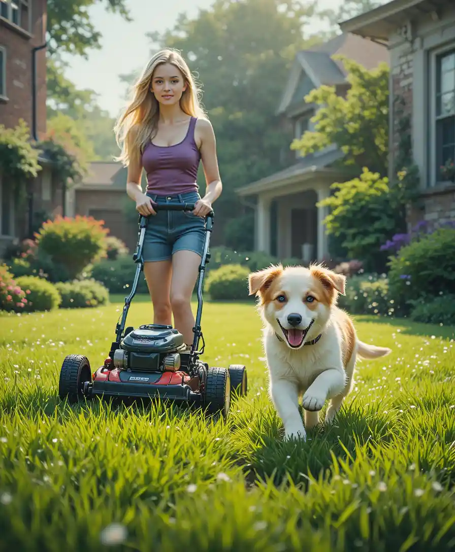 Blonde girl mowing the lawn with a playful puppy