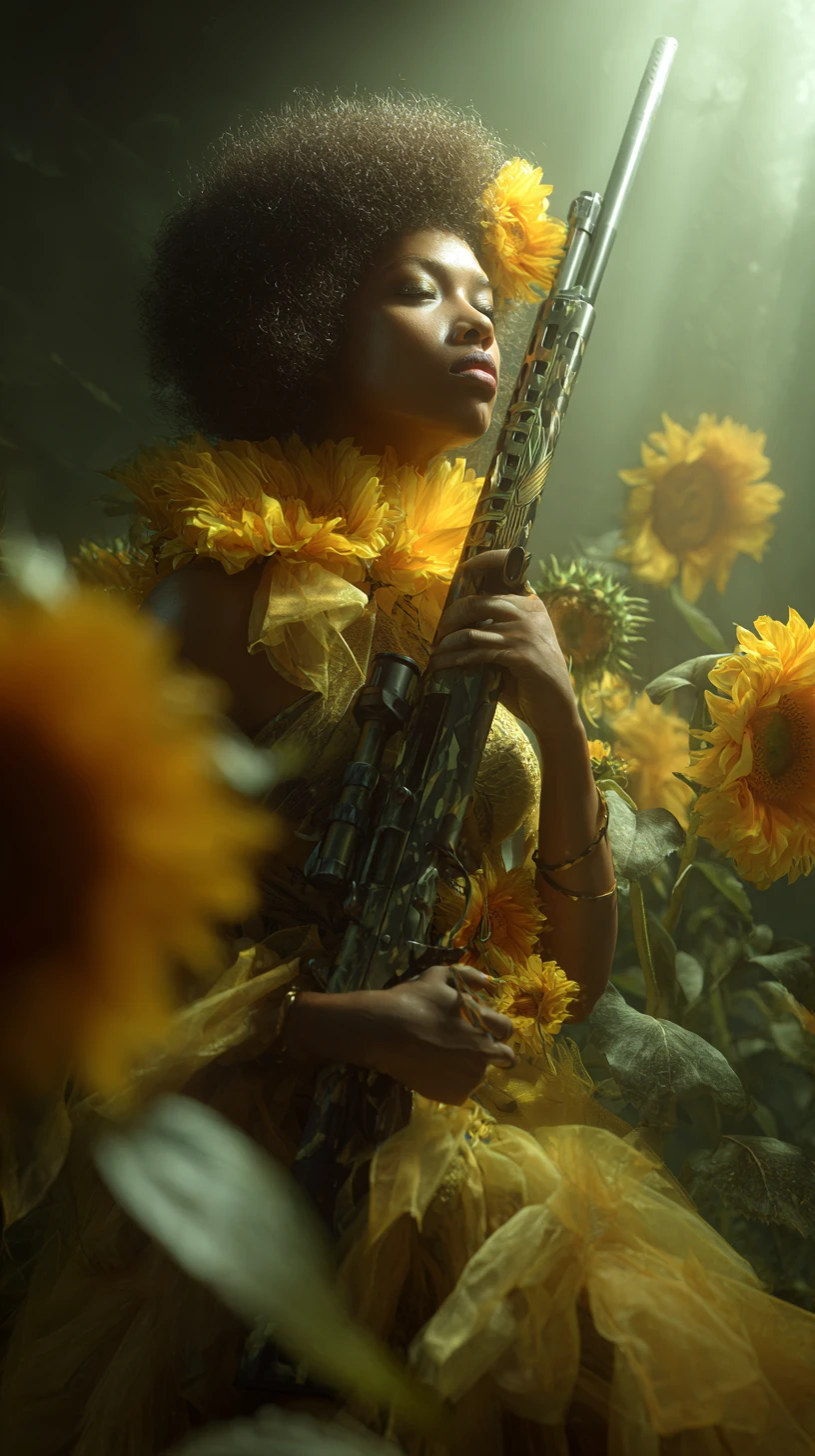 Afrofuturistische Kriegerin mit Sonnenblumen-Gewehr in surrealer Natur