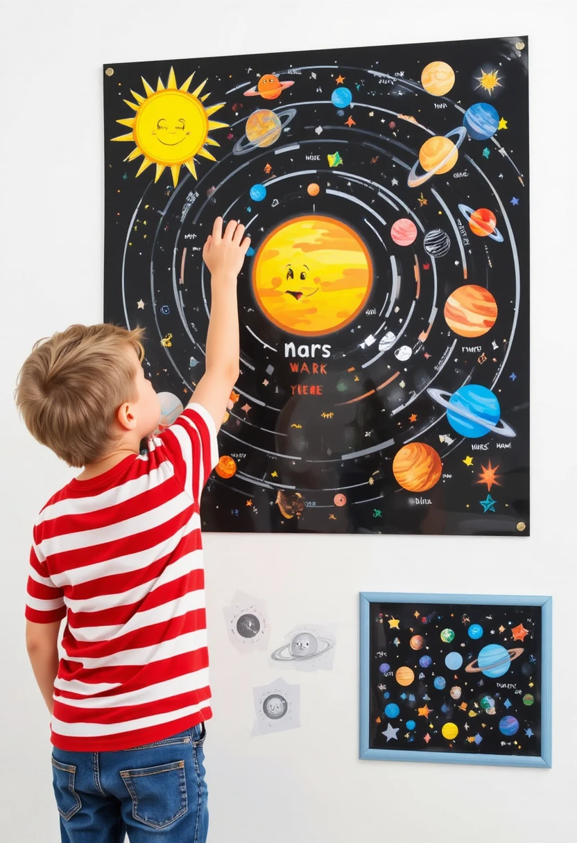Young boy reaching for the sun on a solar system chart