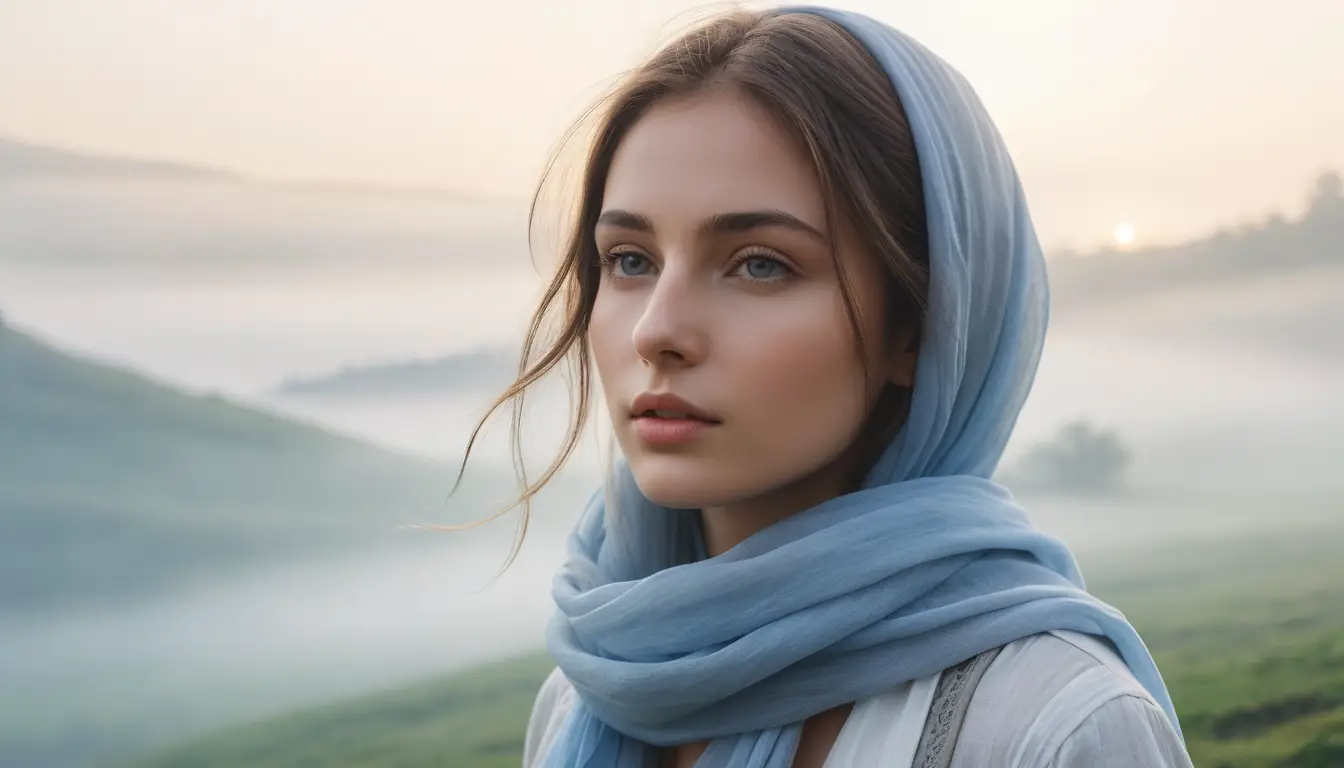 Young woman in blue scarf standing in morning mist