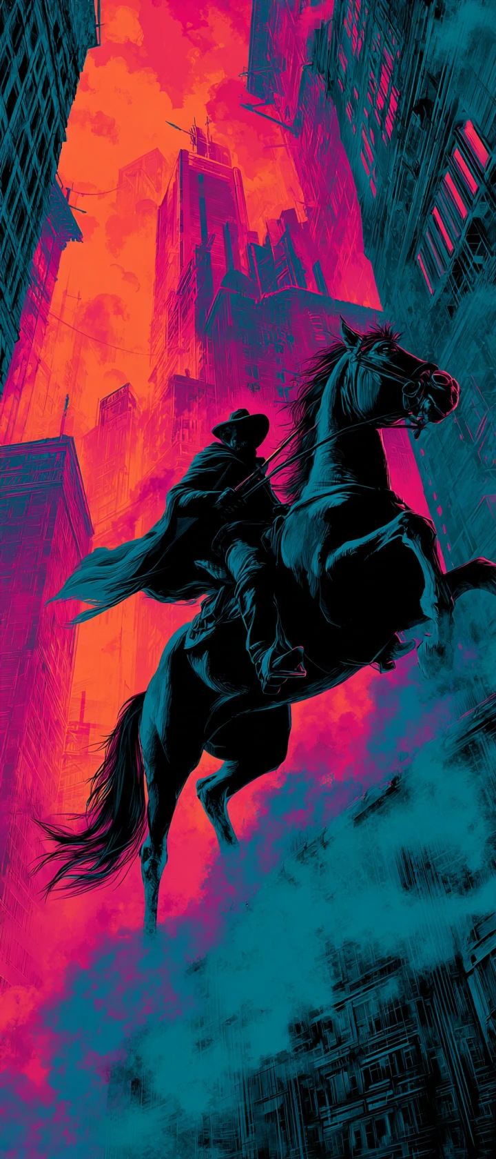 Silhouetted rider on rearing horse in neon noir city