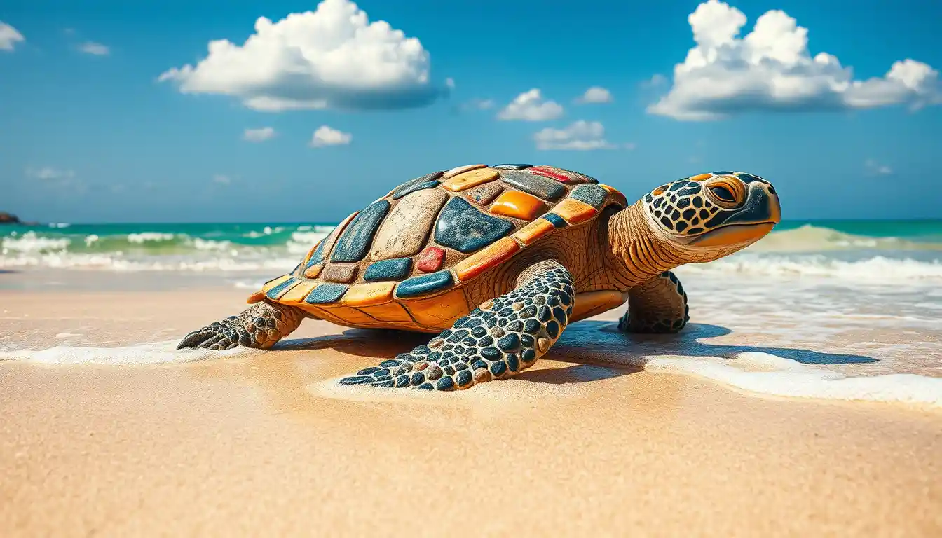 Pebble mosaic turtle resting on a sunny sandy beach