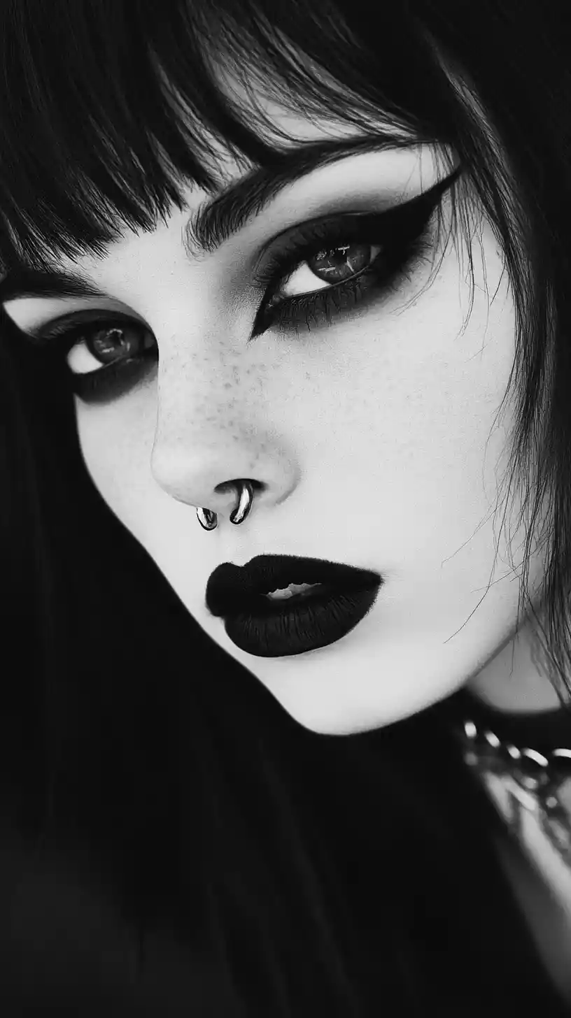 Emo gothic anime woman in striped hoodie portrait