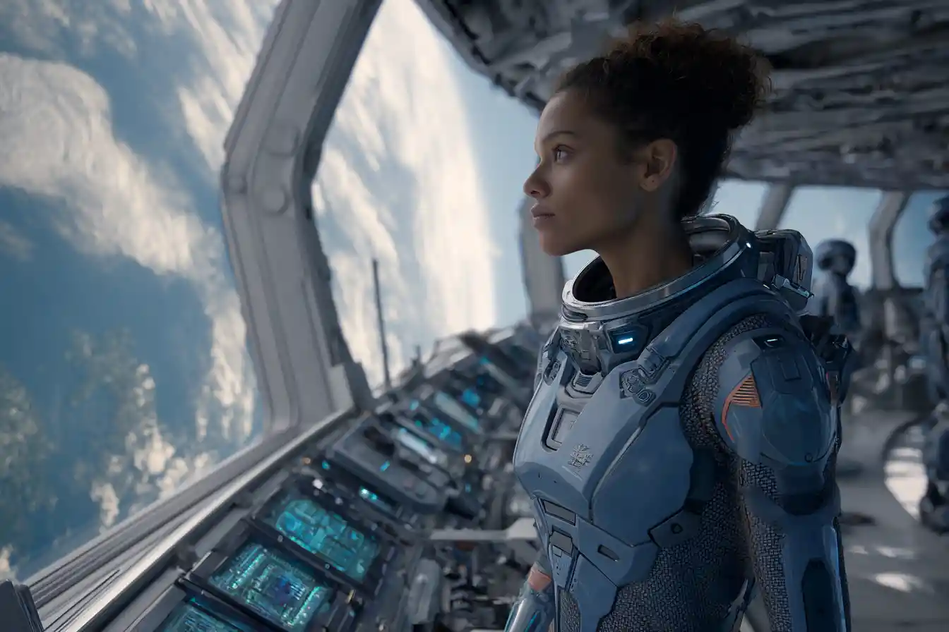 Female sci fi soldiers on a bright spaceship observation deck