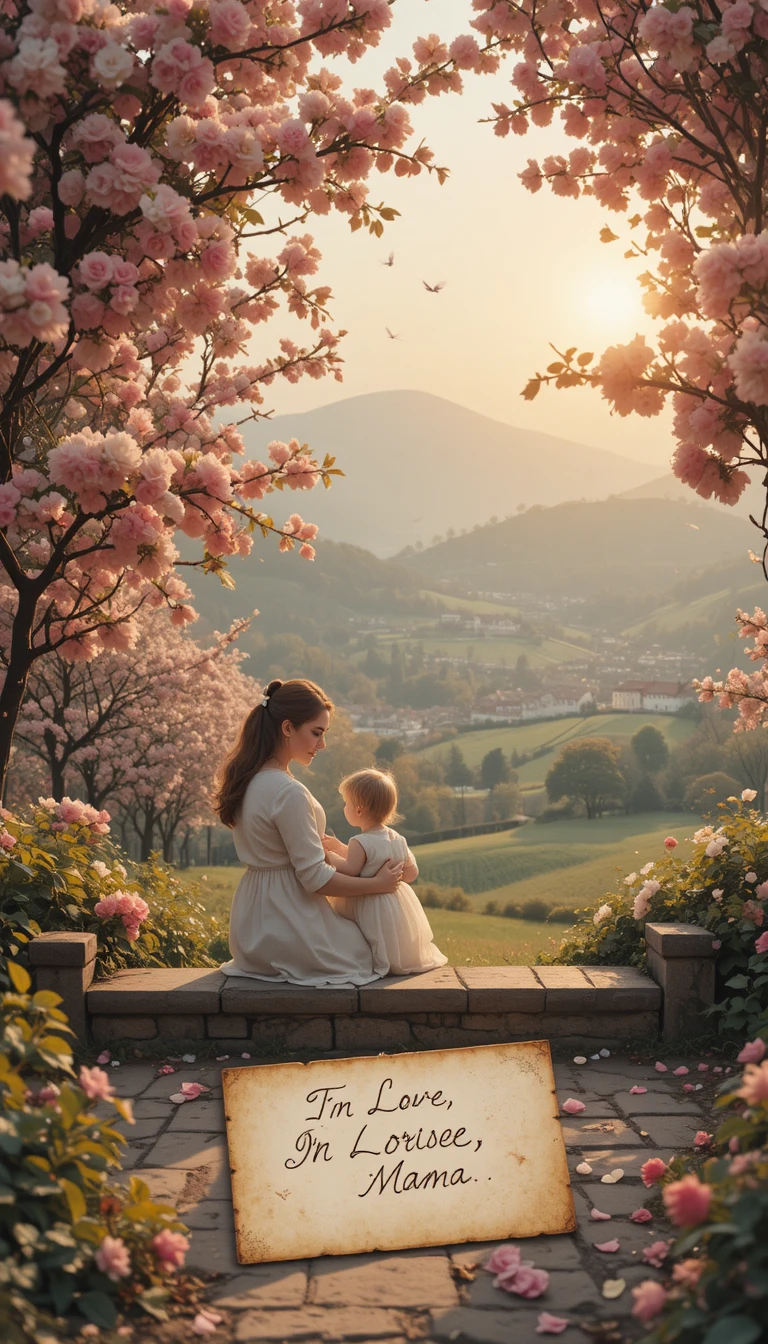 Impressionist sunrise moment of mother and child on bench