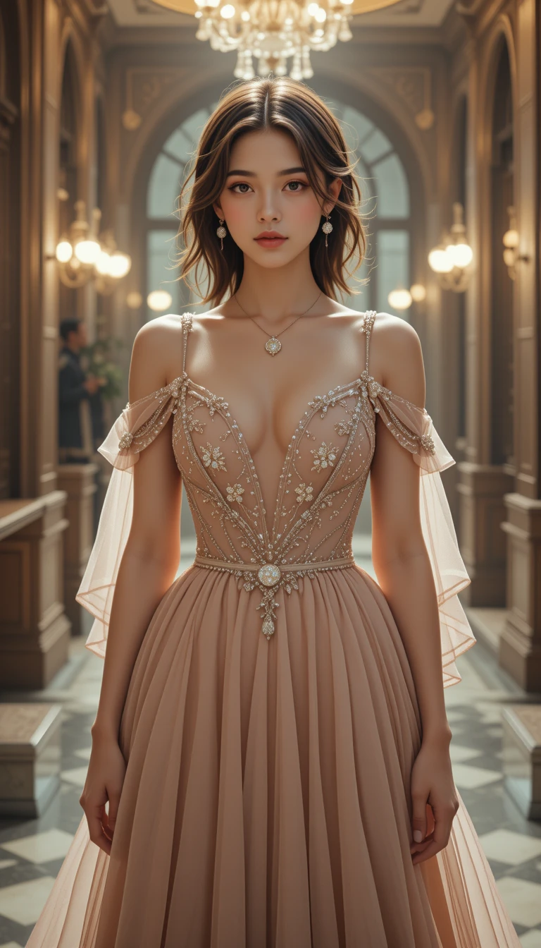 Elegant young woman in formal gown facing the camera