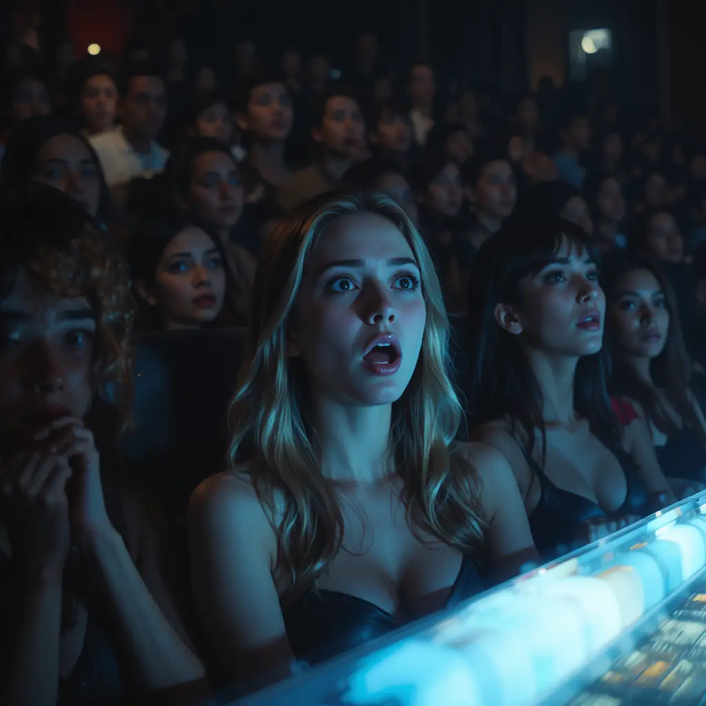 Terrified women in a dark cinema lit by screen glow
