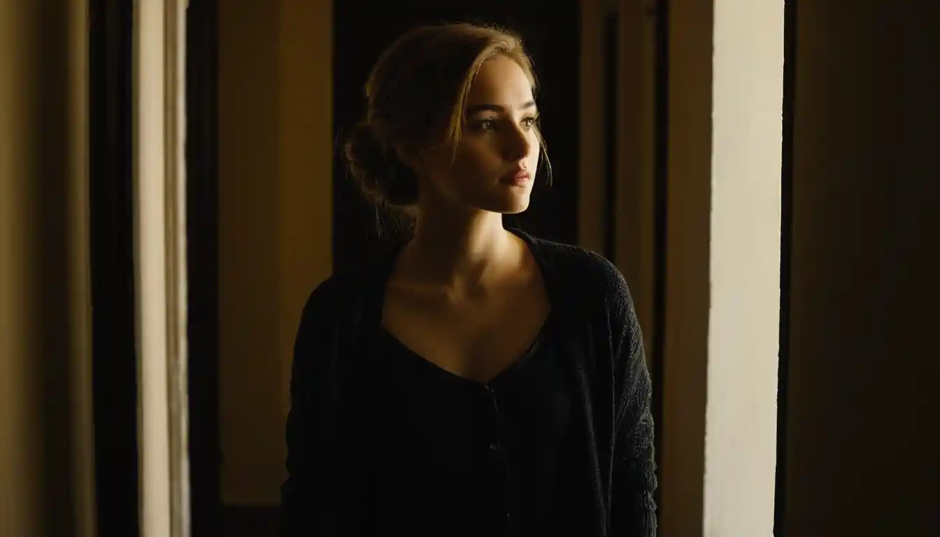 Young woman in shadowed hallway lit by golden rim light