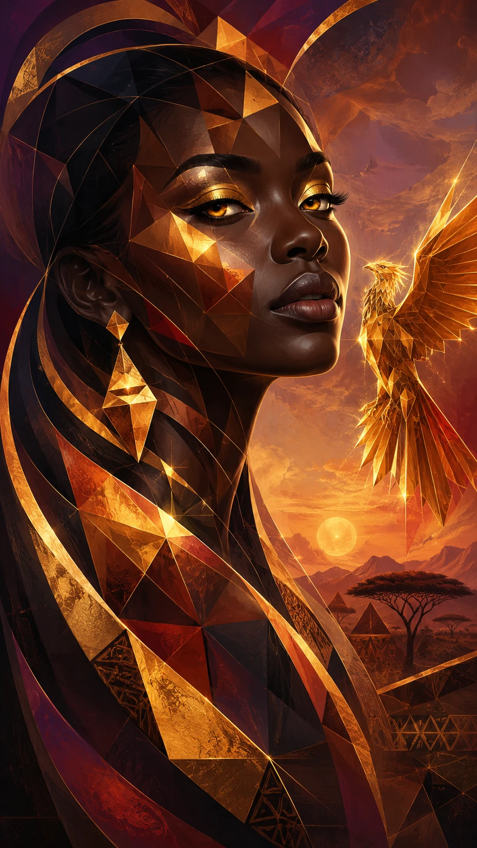 Abstract geometric portrait of a Kenyan woman in warm tones