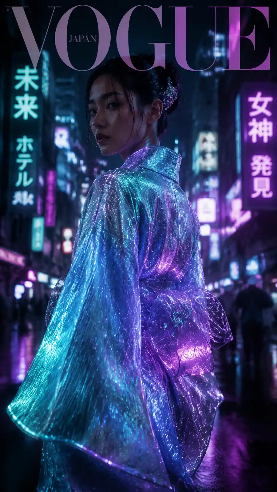 Fashion model in neon lit futuristic tokyo street