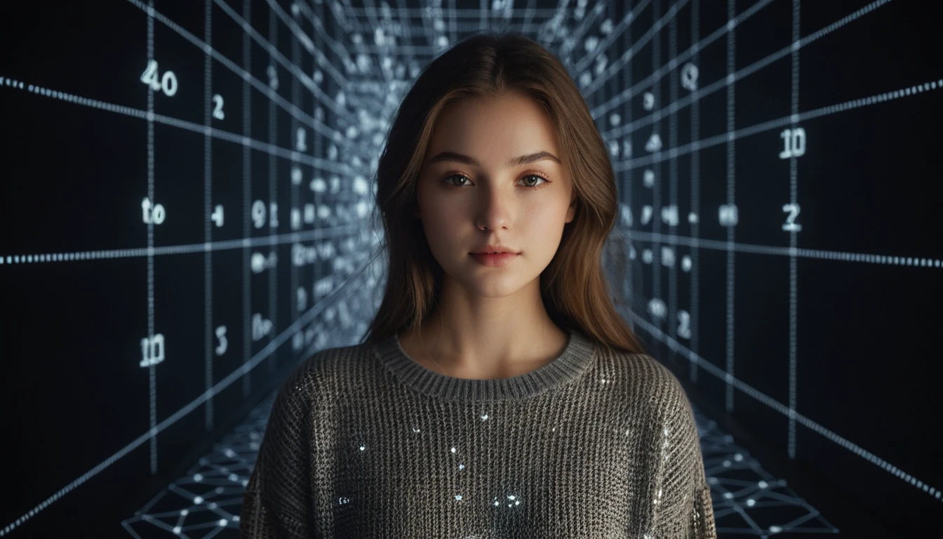 Young woman on an infinite numerical grid under dramatic light
