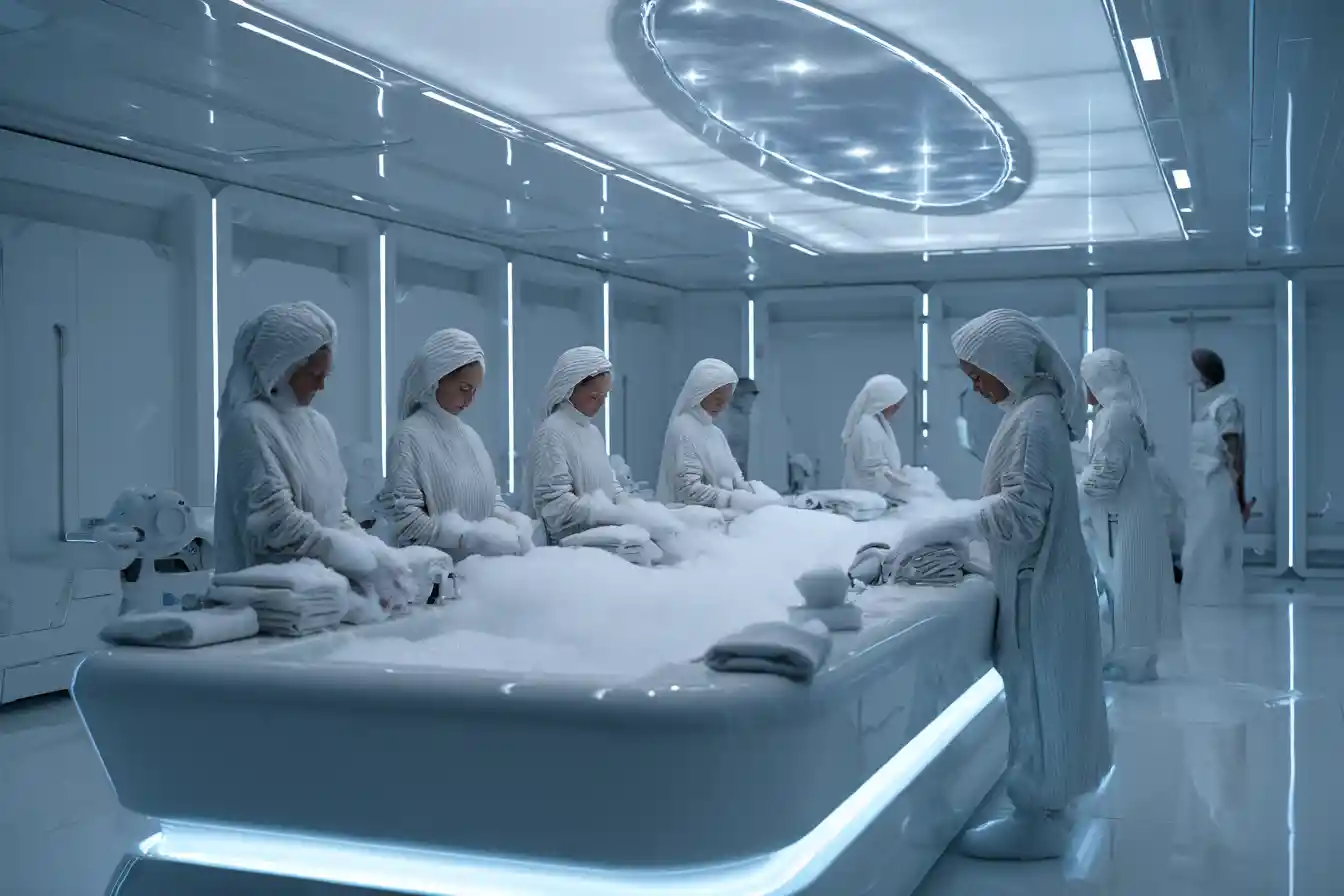 Female crew showering in a bright sci fi spaceship bathroom