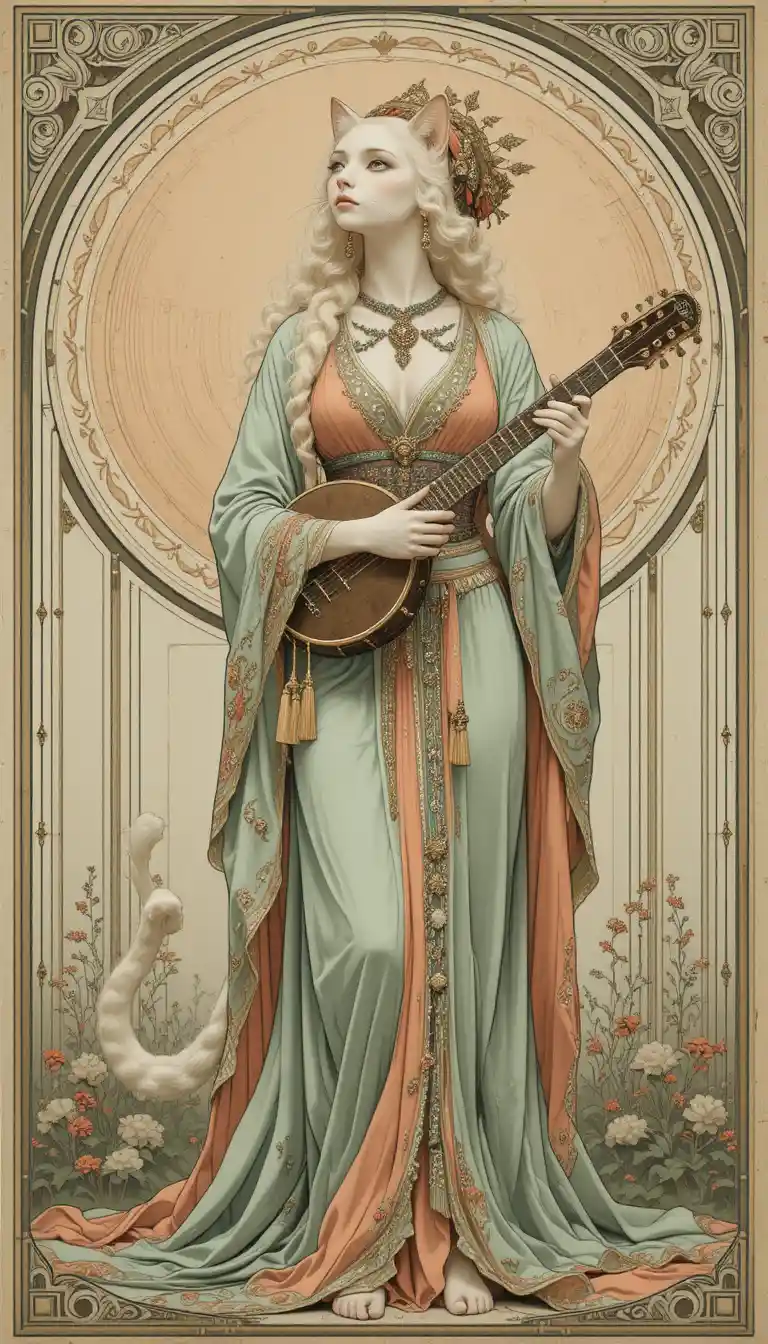 Art Nouveau cat with tambourine in flowing oriental robes