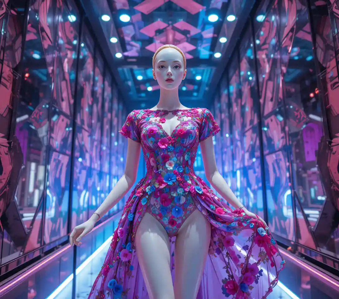 Blonde model in floral couture dress on neon runway
