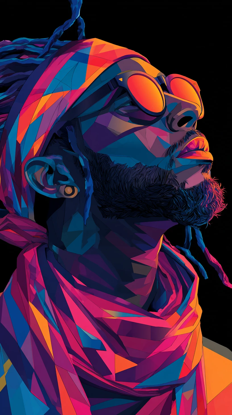 Neon profile portrait of man in multicolored bandana
