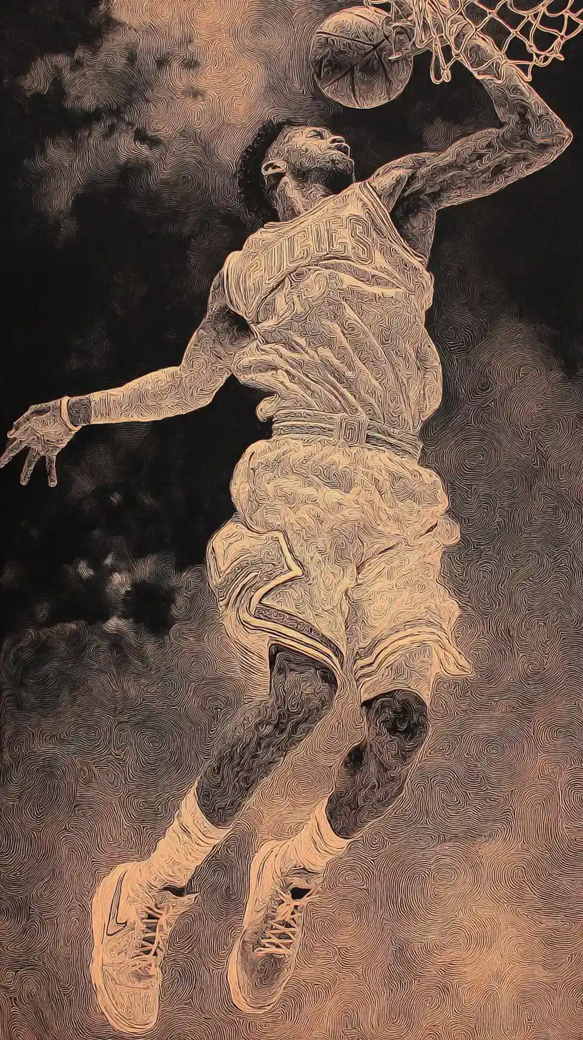 Basketball player soaring toward the rim for a powerful dunk