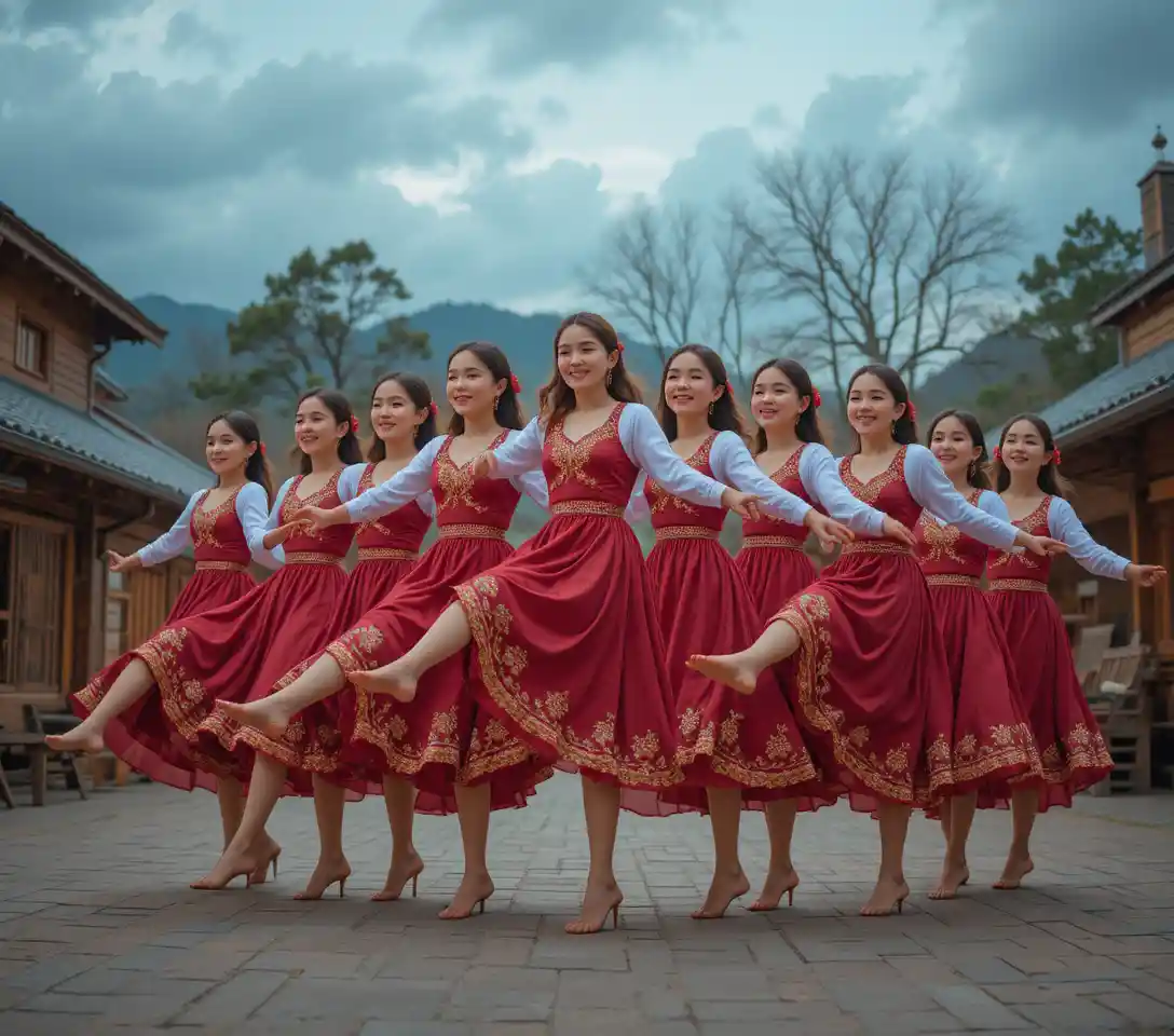 Young girls in red folk dance costumes performing outdoors