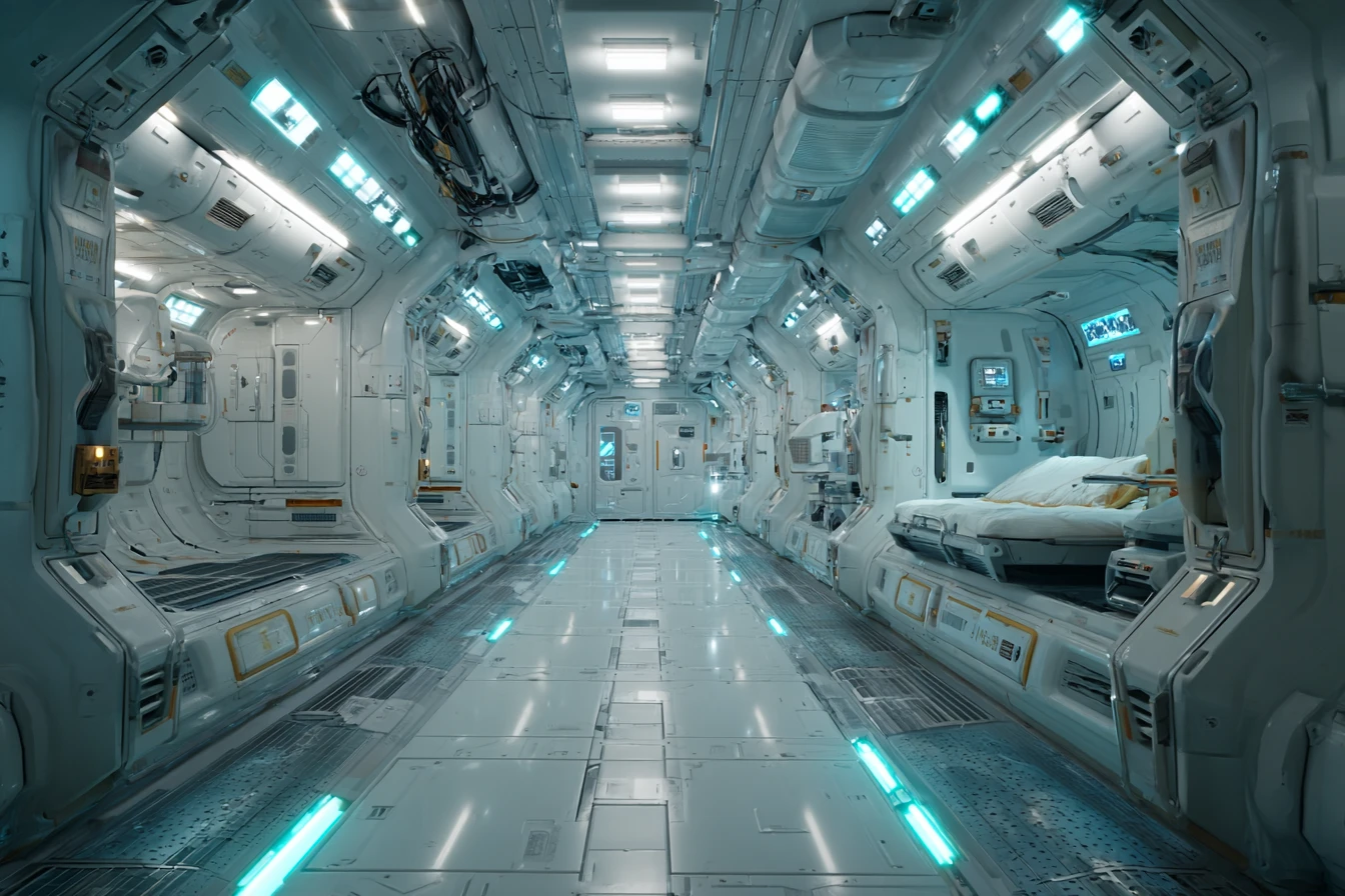 Female crew showering in a bright spaceship bathroom