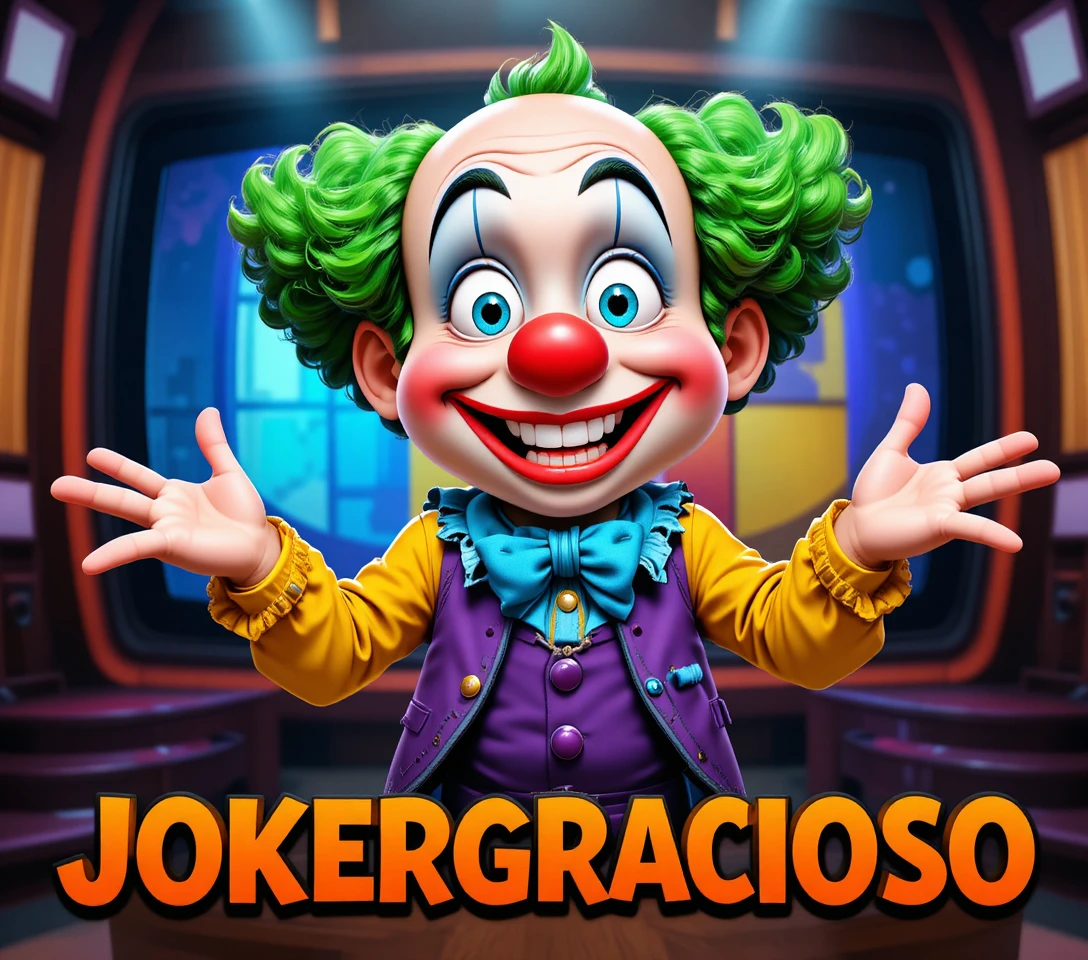 Cheerful cartoon clown with colorful tv test background