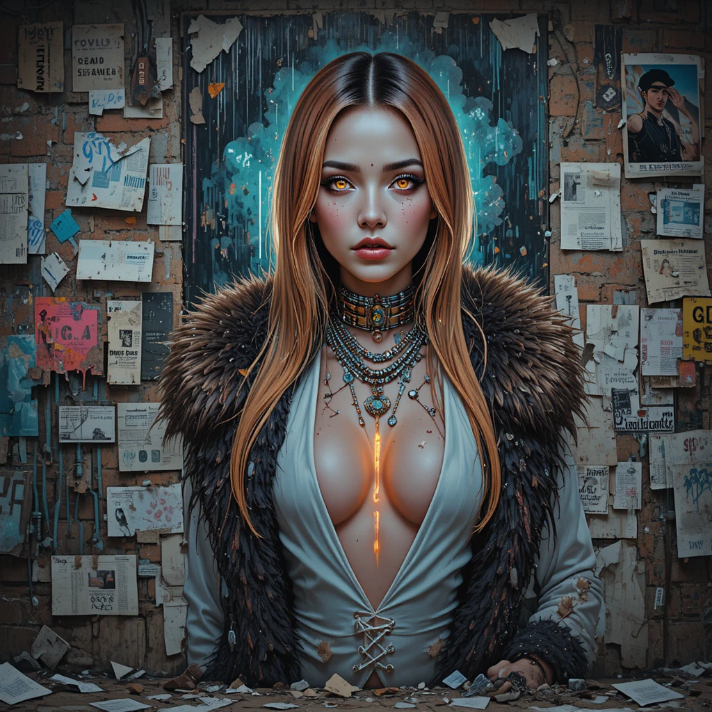 Cyberpunk woman portrait on decaying laboratory graffiti wall