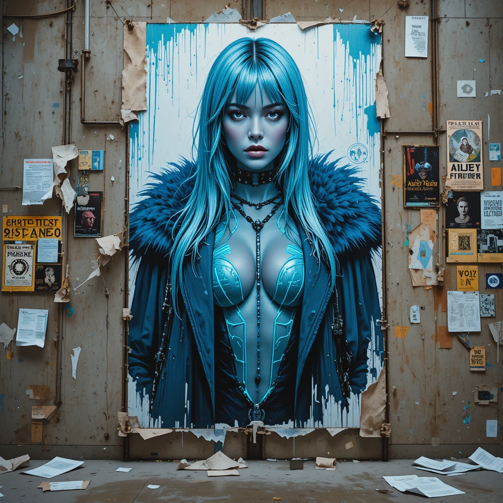 Murale di donna cyberpunk su muro industriale decadente