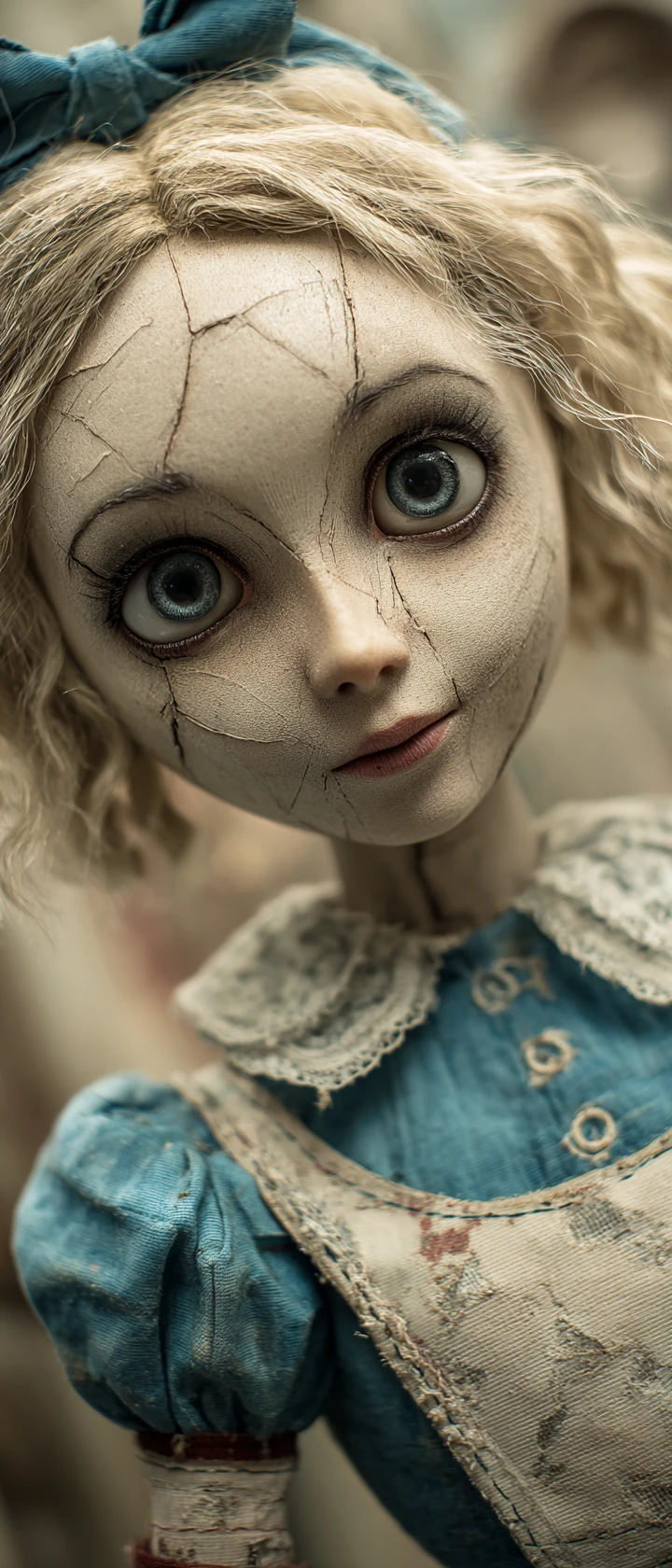 Broken porcelain doll woman towering in twisted wonderland
