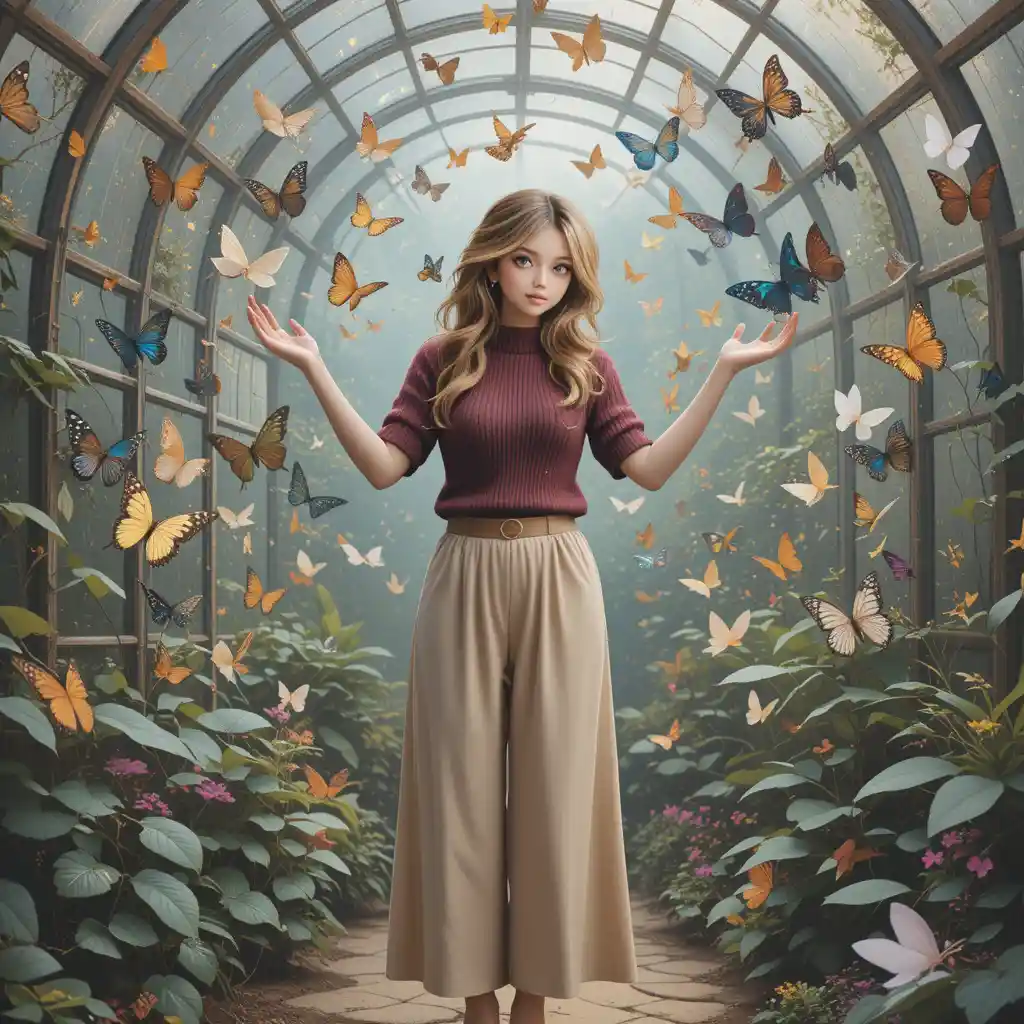 Woman in glass butterfly pavilion with colorful butterflies