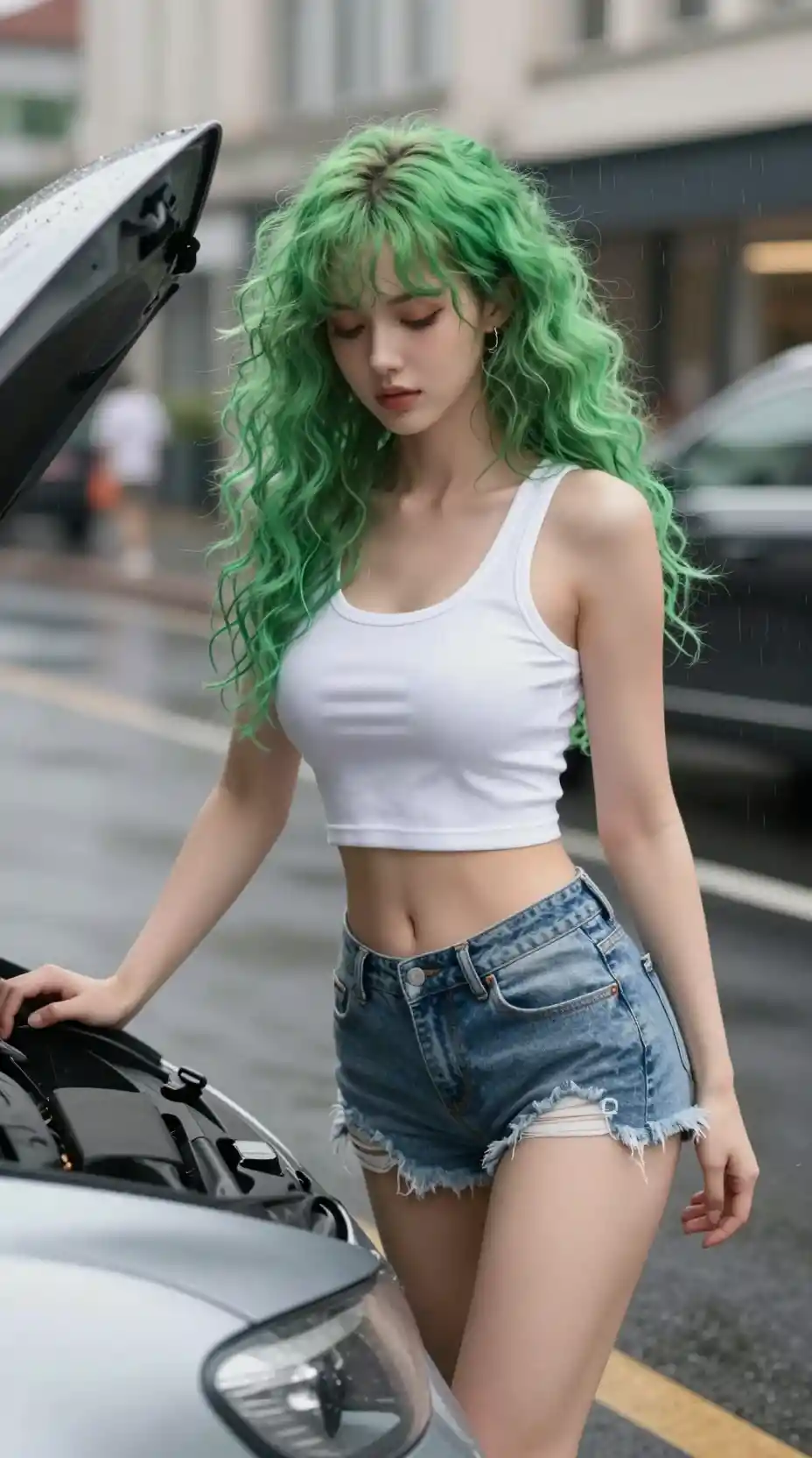 Young woman with green hair leaning over car hood