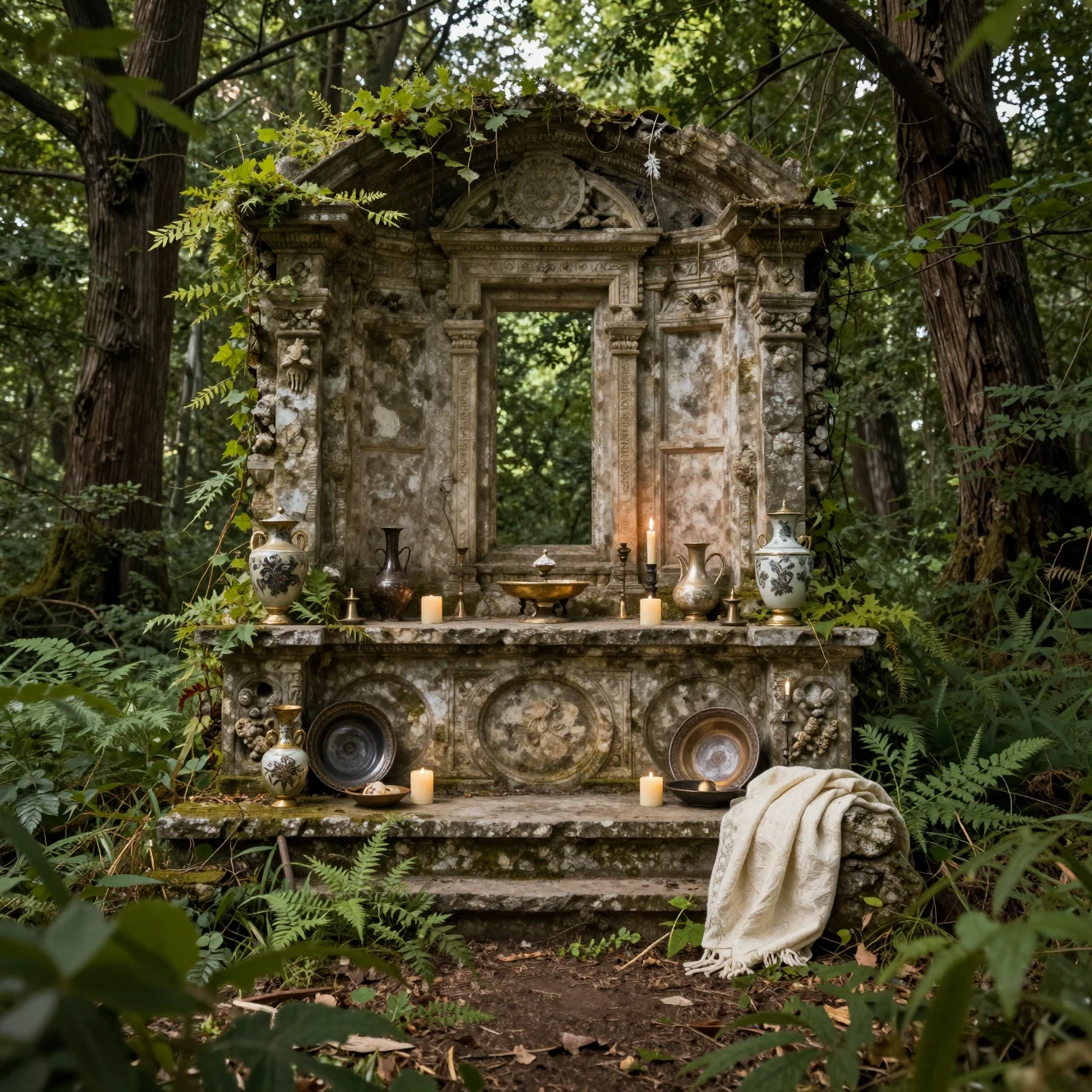 Ancient forest ruins with overgrown altar and candles