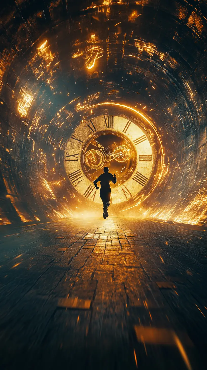 Person running across a gigantic surreal clock face