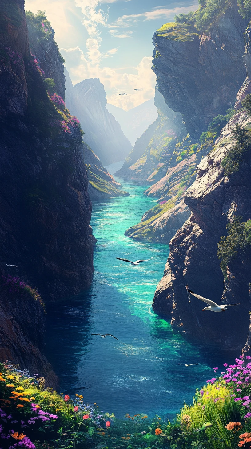 Vibrant fjord coastline with clear blue sea and sunlight