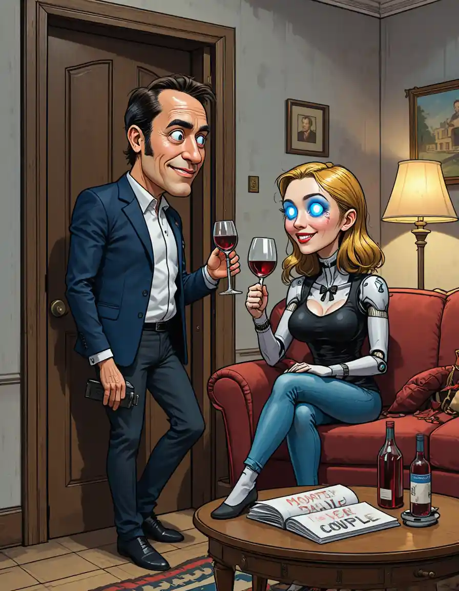 Woman sharing wine with a friendly humanoid robot