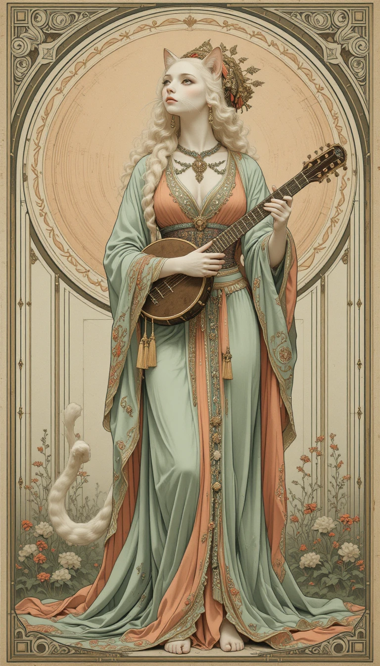 Art Nouveau cat with tambourine in flowing oriental robes