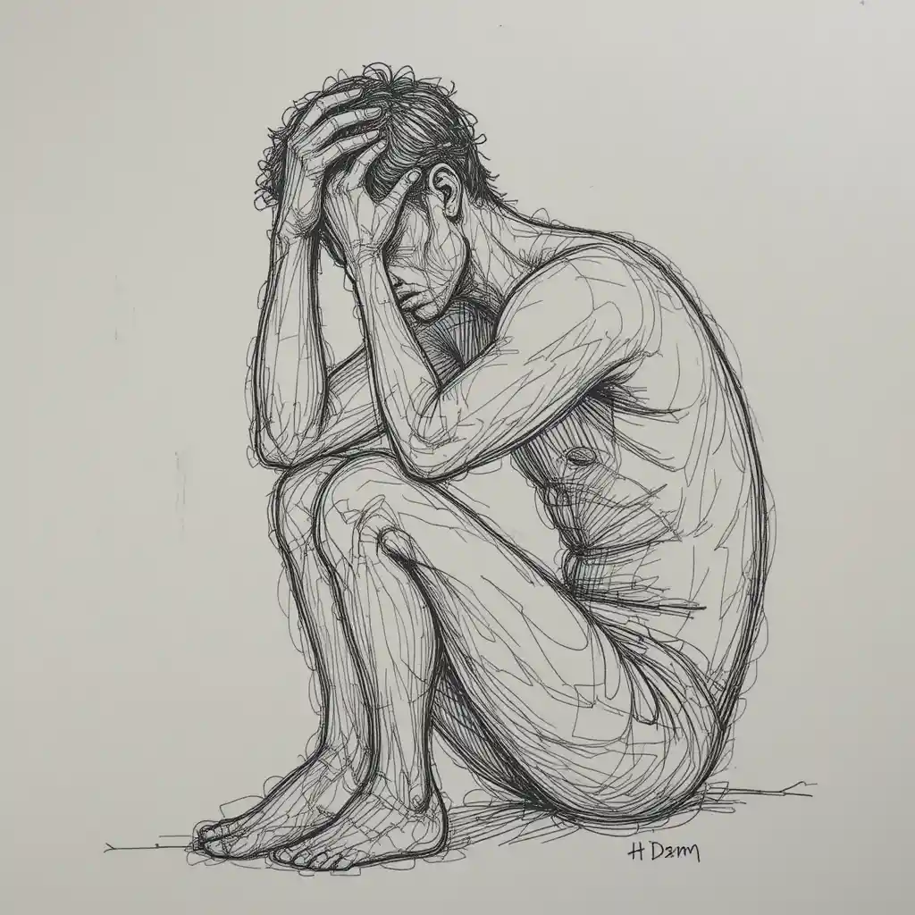 Frustrated man in pencil sketch holding his head in despair